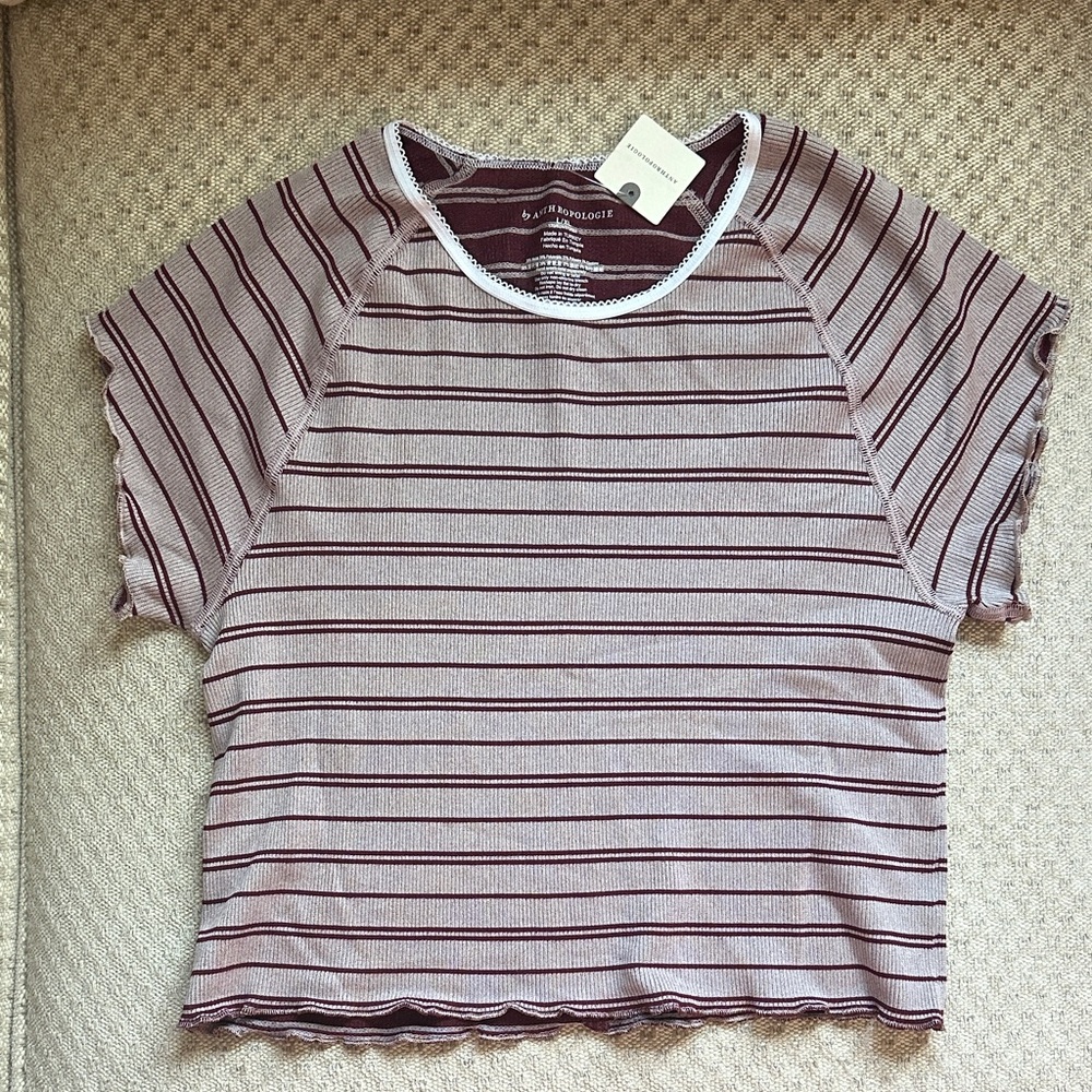 Anthropologie Maroon and White Striped Short Sleeve Tee
